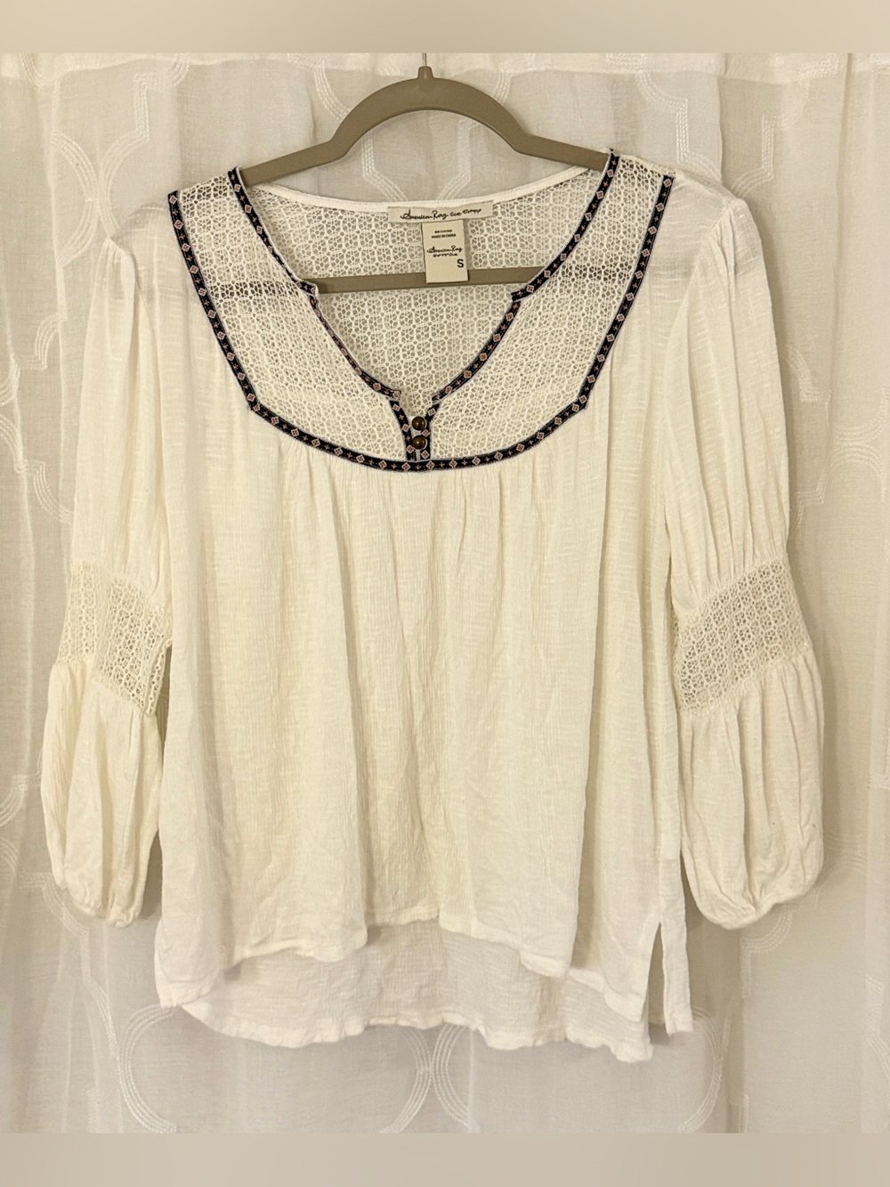American Rag Small Ivory Boho Peasant Blouse Embroidered Lace Balloon Sleeve Top